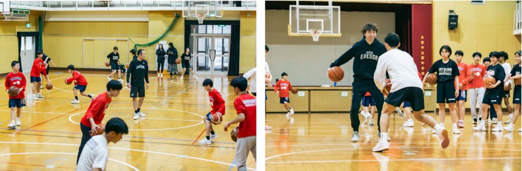 大阪エヴェッサの田中コーチと木下選手とによるバスケットボールクリニックの様子